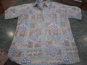 Vintage Go Barefoot Hawaiian Tradition Shirt L 100% Cotton USA Floral Patchwork